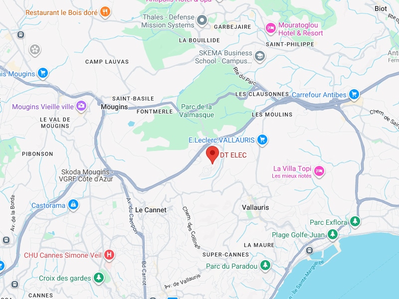 DT ELEC: Localisation, plan d'accès Mougins, Vallauris, Cannes. Carte de DT ELEC à Vallauris, Côte d'Azur. Localisation détaillée entre Mougins, Le Cannet, Cannes, et Carrefour Antibes.